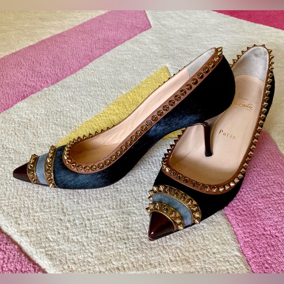 Christian Louboutin Black Calf Hair Leather Studded Malabar Hill Heel Pumps 38 - Picture 1 of 10